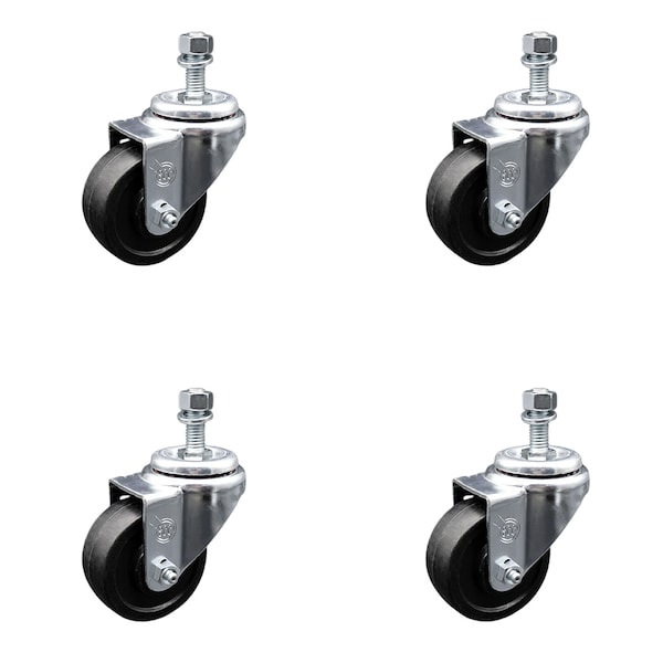 3 Inch SS Soft Rubber Wheel Swivel 1/2 Inch Threaded Stem Caster Set SCC